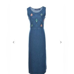 Vtg 90s Jane Ashley Womens Sleeveless Denim Maxi Dress SZ M EmbroideredChristmas